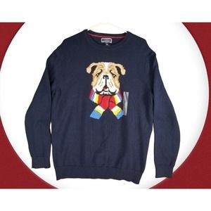 Club Room Pullover Dog Scarf Sweater Size L Blue BullDog Ski‎ Knit Cotton NWT